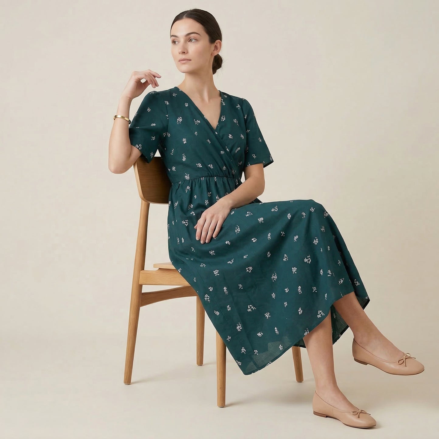 Floral Wrap Midi Dress for Women – Tie-Back A-Line Silhouette