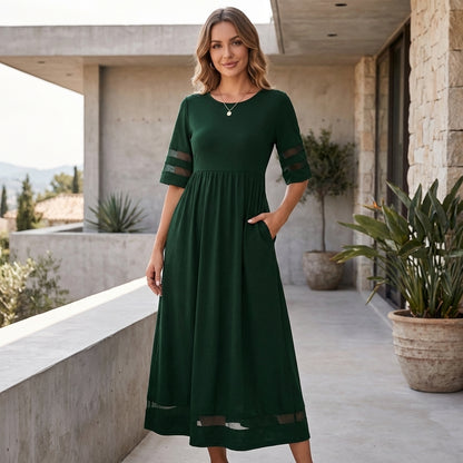 Sheer-Panel A-Line Midi Dress for Women – Elegant Semi-Formal Style