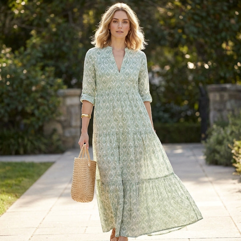 Abstract Print Tiered Maxi Dress for Women – Flattering & Comfortable