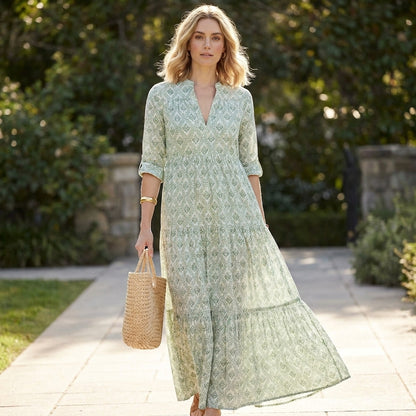 Abstract Print Tiered Maxi Dress for Women – Flattering & Comfortable