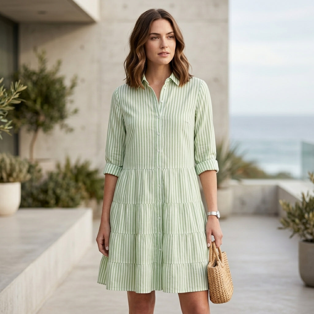 Striped Tiered Shirt Dress for Women – Effortless Style & Comfort