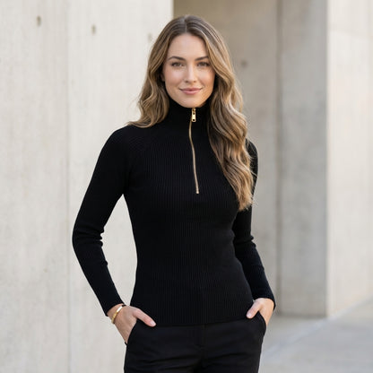 Quarter-Zip Ribbed Turtleneck Top for Women – Flattering Slim Fit