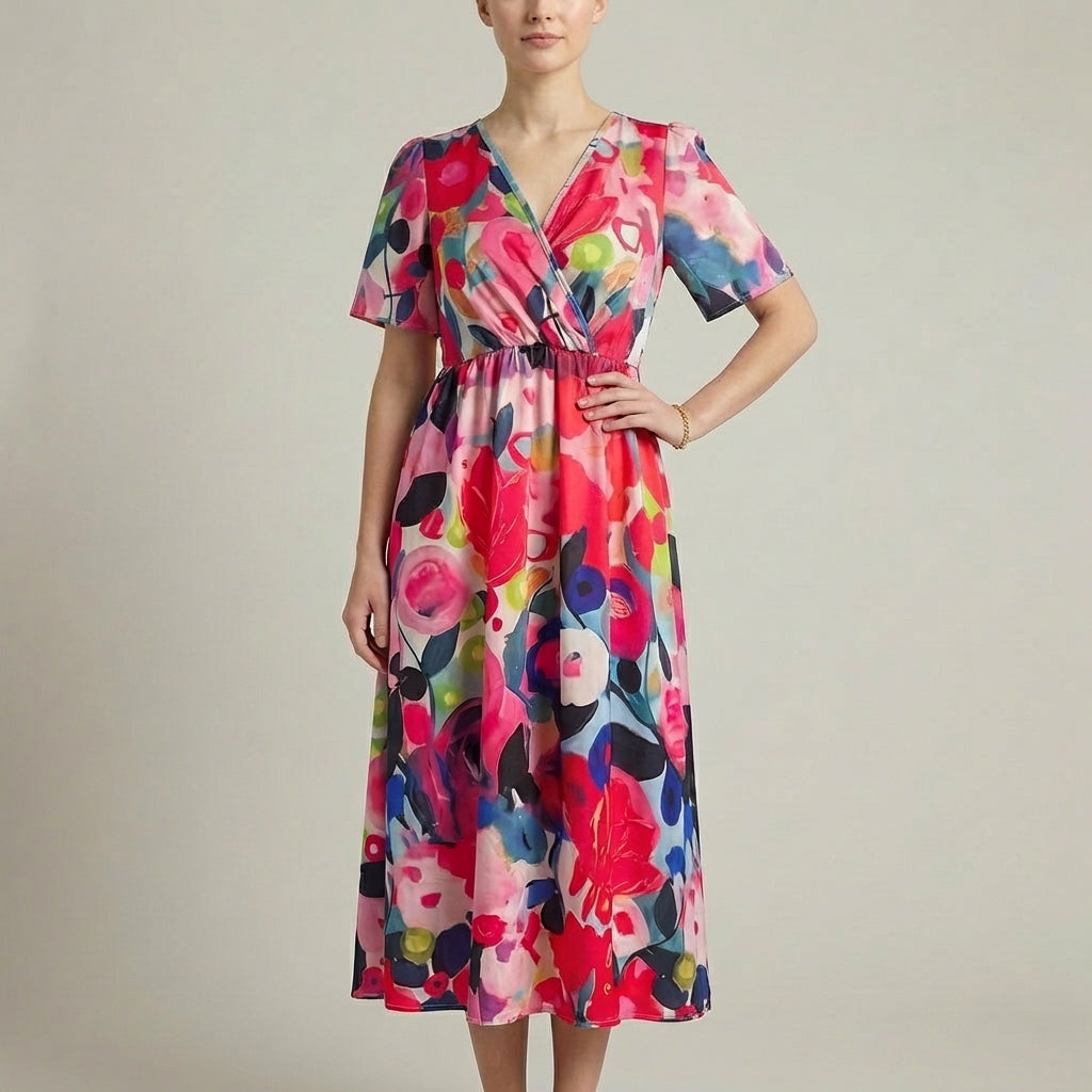 Floral Wrap Midi Dress for Women – Tie-Back A-Line Silhouette