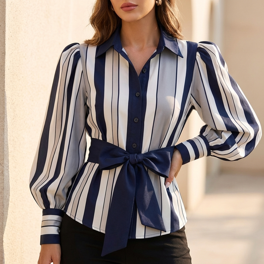 Striped Puff Sleeve Button-Front Shirt for Women – Polished Smart Casual Style