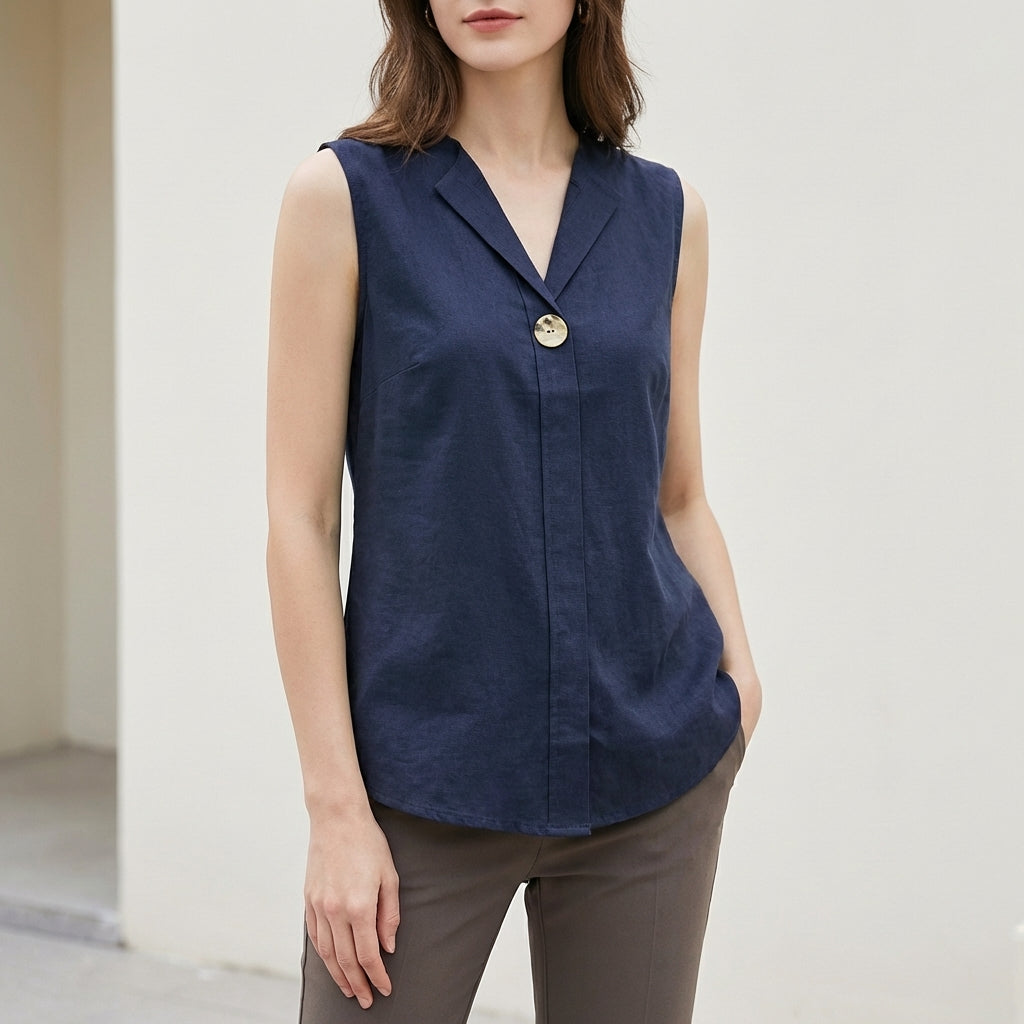 Collared V-Neck Sleeveless Blouse for Women – Breathable Everyday Comfort