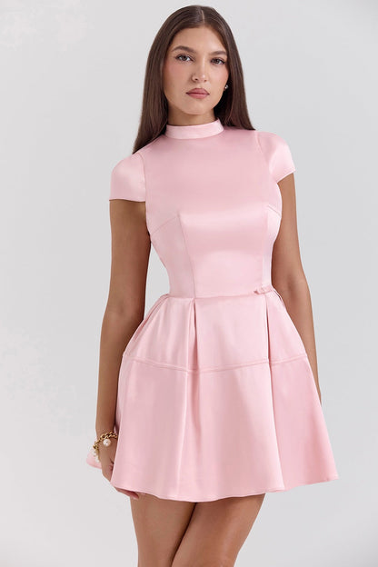 Dress for Women – Sleeveless Mini Dress – Satin-like Fabric – High Neck – Pleated A-line