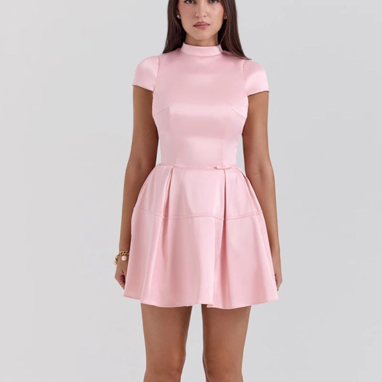 Dress for Women – Sleeveless Mini Dress – Satin-like Fabric – High Neck – Pleated A-line