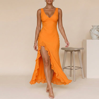Elegant V-Neck High-Low Maxi Dress – Flowy & Gracefully Feminine