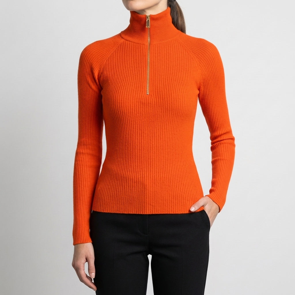 Quarter-Zip Ribbed Turtleneck Top for Women – Flattering Slim Fit
