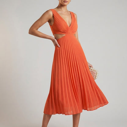 Cutout Pleated Midi Dress for Women – Elegant Party Style