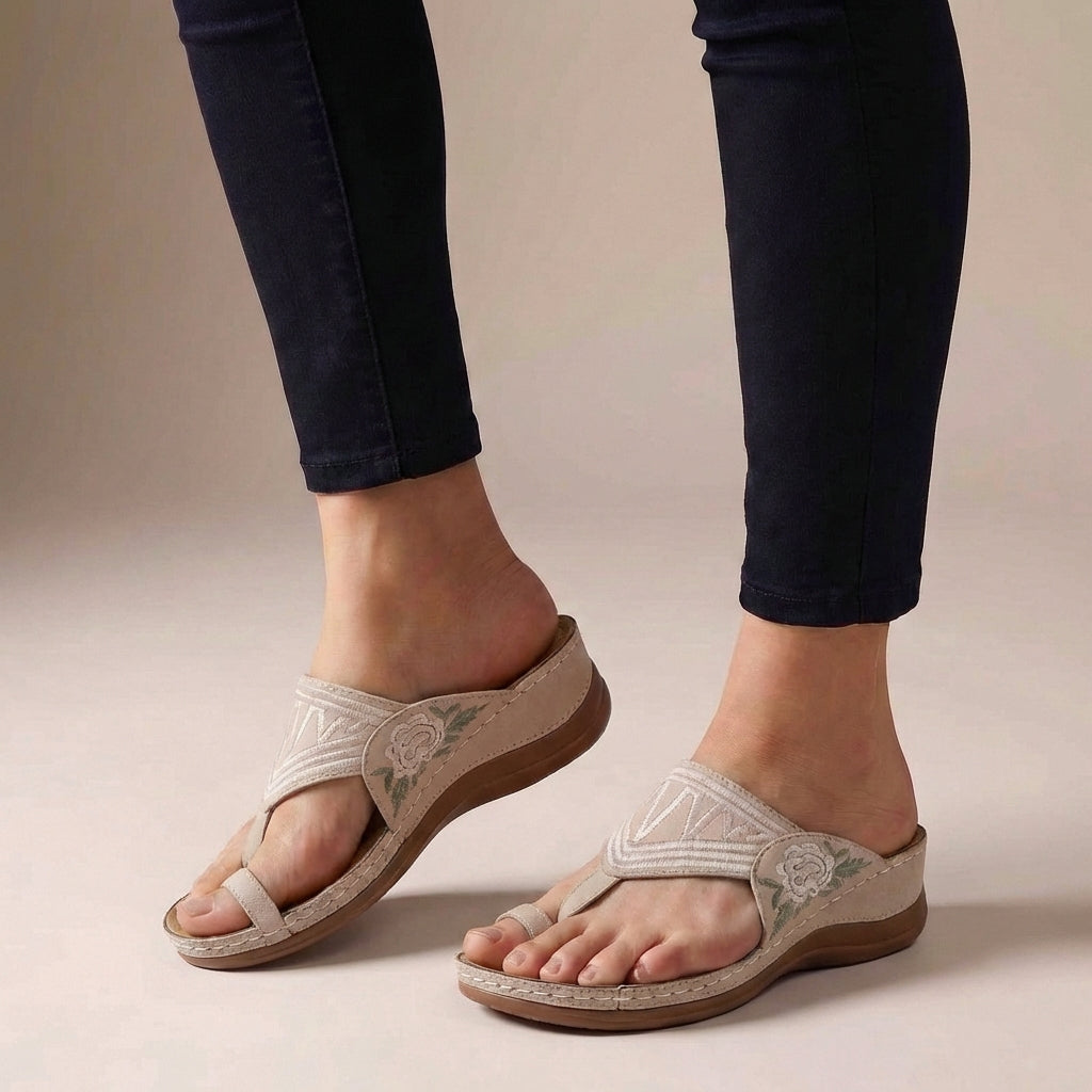 Embroidered Floral Thong Wedge Sandals For Women – Orthopedic Comfort & Support