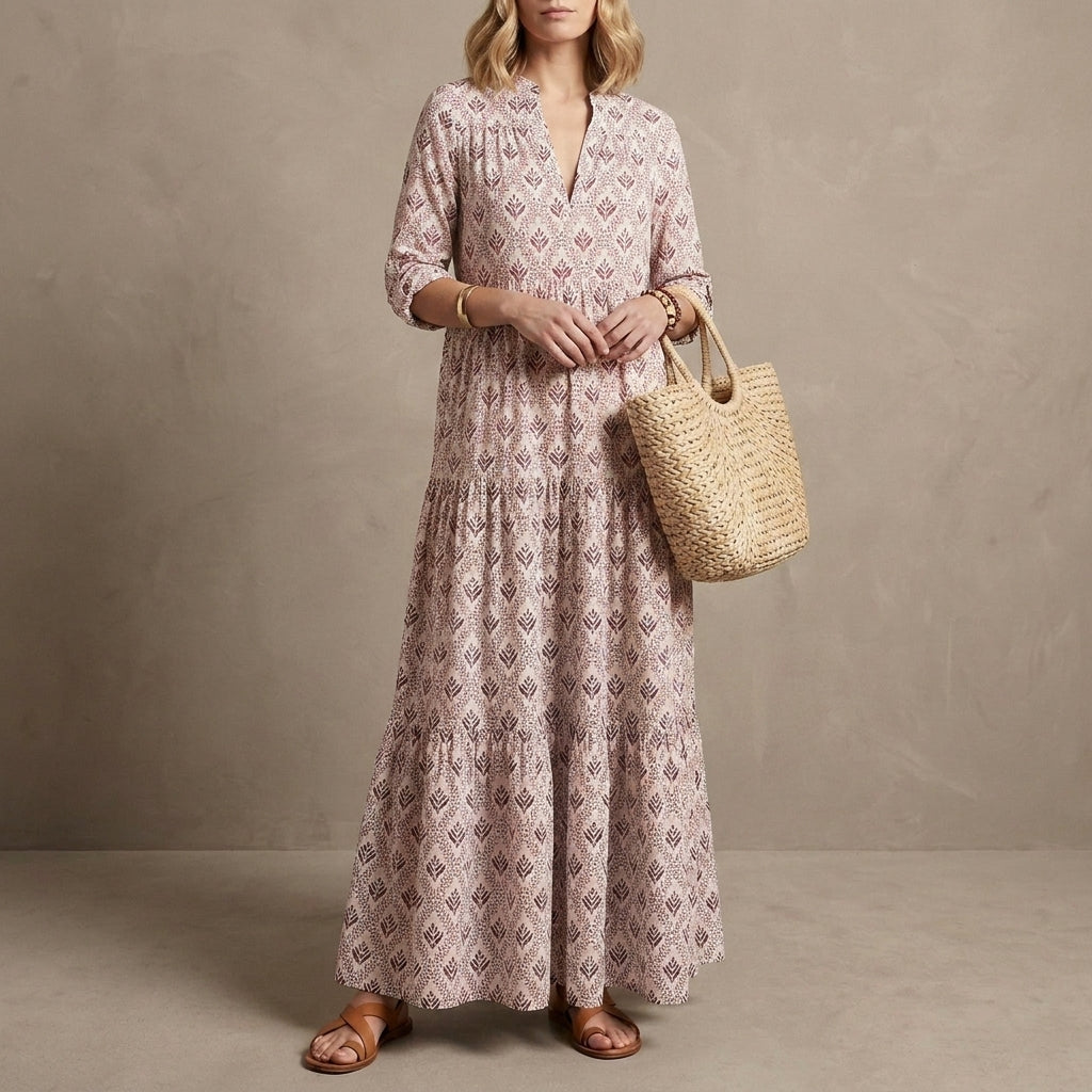Abstract Print Tiered Maxi Dress for Women – Flattering & Comfortable