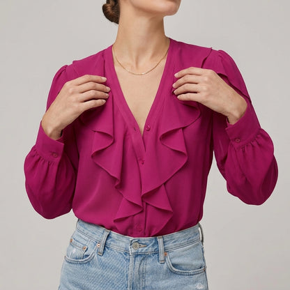 Ruffled V-Neck Blouse for Women – Versatile Style & Comfortable Fit