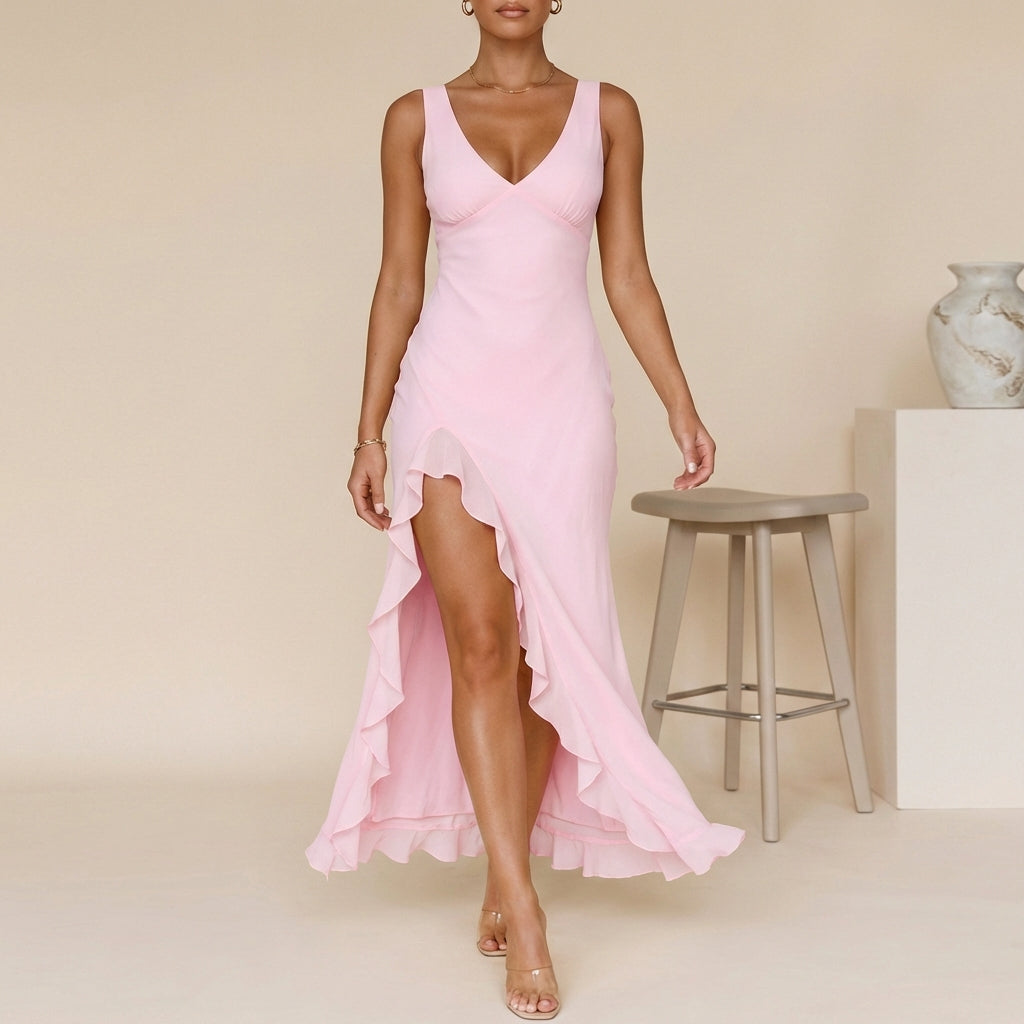 Elegant V-Neck High-Low Maxi Dress – Flowy & Gracefully Feminine