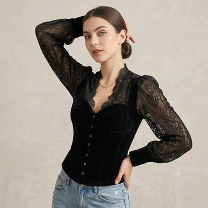 Lace-Trim V-Neck Blouse for Women – Elegant & Flattering Fit