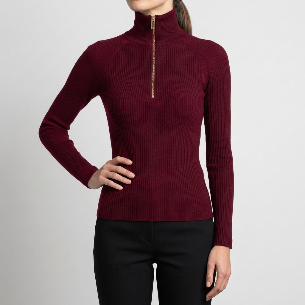 Quarter-Zip Ribbed Turtleneck Top for Women – Flattering Slim Fit