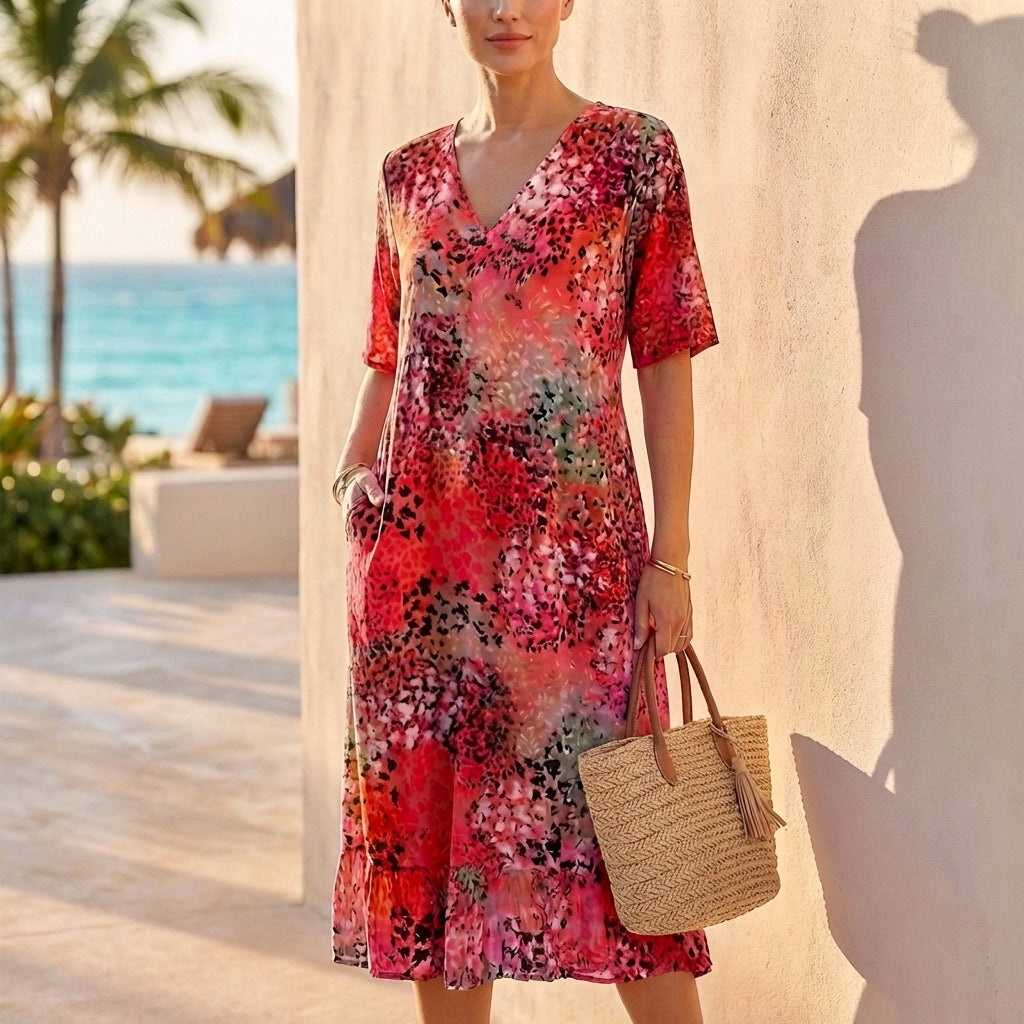 Printed V-Neck Dress for Women – Breezy Comfort & Pockets