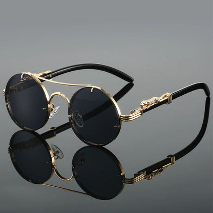 Round Frame Jaguar-Embellished Sunglasses – Bold & Timeless Style
