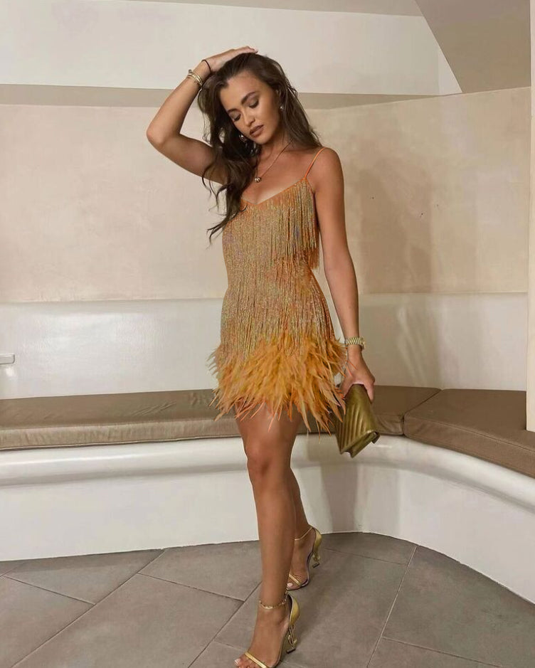 Feather-Trim Sequin Cocktail Dress for Women – Shimmering Statement Style