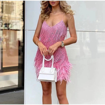 Feather-Trim Sequin Cocktail Dress for Women – Shimmering Statement Style