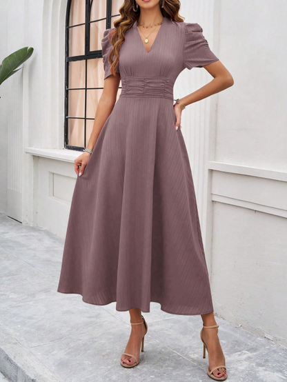 Dress woman midi – V-neck – Puff sleeves – Ruched waist – A-line fit