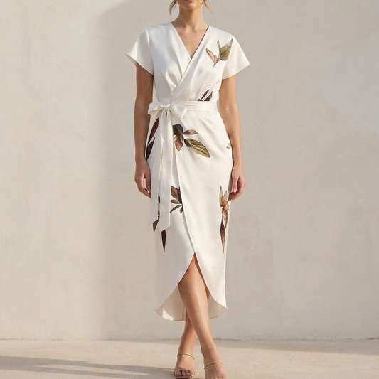 Leaf Print Belted Wrap Dress for Women – Elegant & Flattering Fit