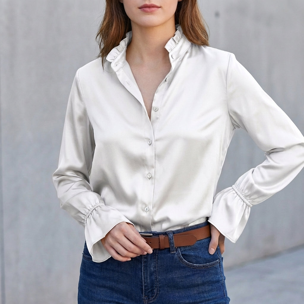 Ruffled Collar Flared Sleeve Blouse for Women – Elegant & Versatile