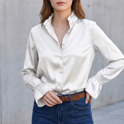 Ruffled Collar Flared Sleeve Blouse for Women – Elegant & Versatile