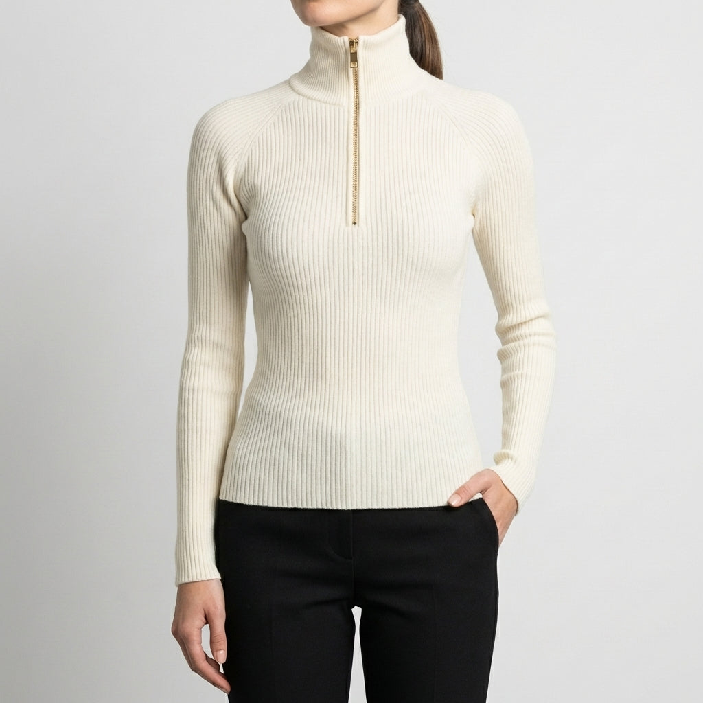 Quarter-Zip Ribbed Turtleneck Top for Women – Flattering Slim Fit