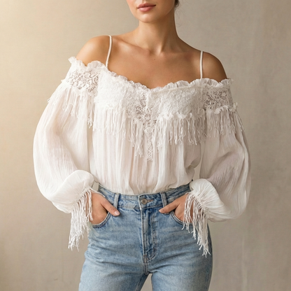 Cold-Shoulder Lace-Trim Blouse for Women – Relaxed Comfort & Feminine Style