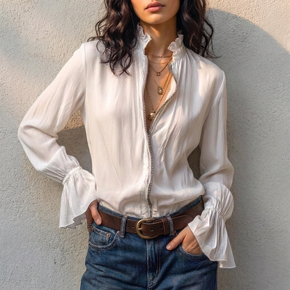 Ruffled Collar Bell Sleeve Shirt for Women – Elegant Everyday Style