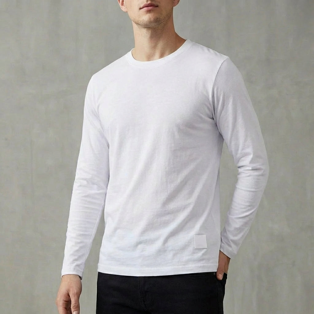 Ruched-Sleeve Crewneck Long-Sleeve T-Shirt for Men – Casual Style & Comfort
