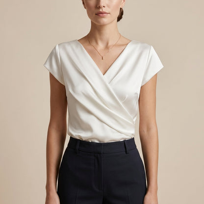Short Sleeve V-Neck Wrap Top for Women – Versatile Draped Style