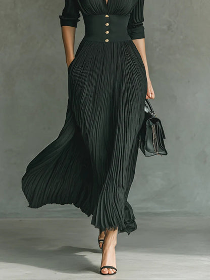 Elegant Pleated Shirt Maxi Dress with Long Sleeves – Graceful & Sophisticated