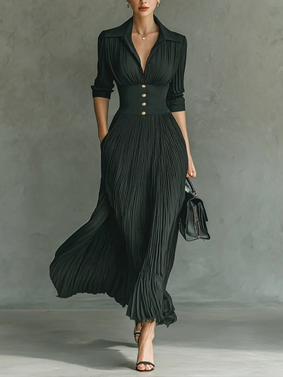 Elegant Pleated Shirt Maxi Dress with Long Sleeves – Graceful & Sophisticated