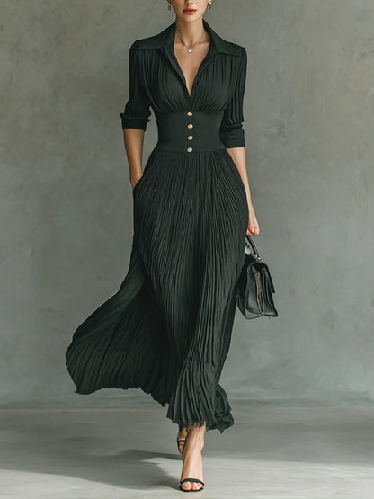 Elegant Pleated Shirt Maxi Dress with Long Sleeves – Graceful & Sophisticated