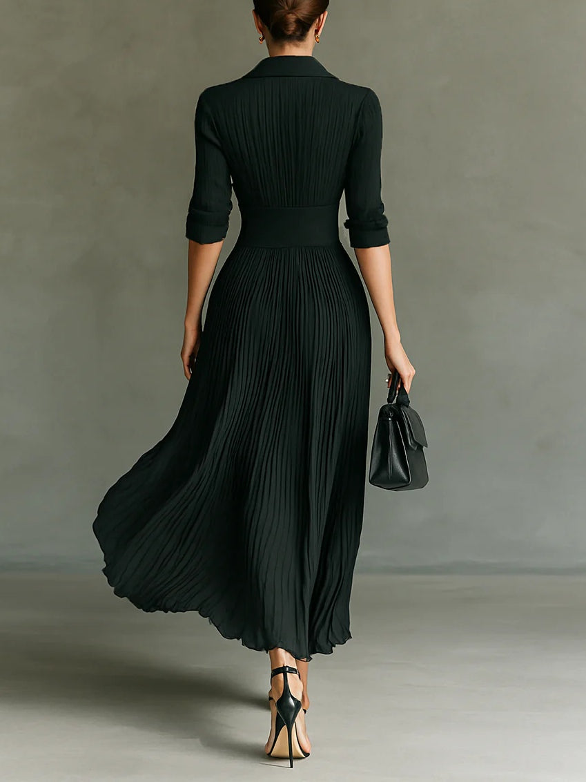 Elegant Pleated Shirt Maxi Dress with Long Sleeves – Graceful & Sophisticated