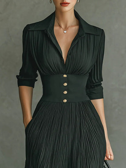 Elegant Pleated Shirt Maxi Dress with Long Sleeves – Graceful & Sophisticated