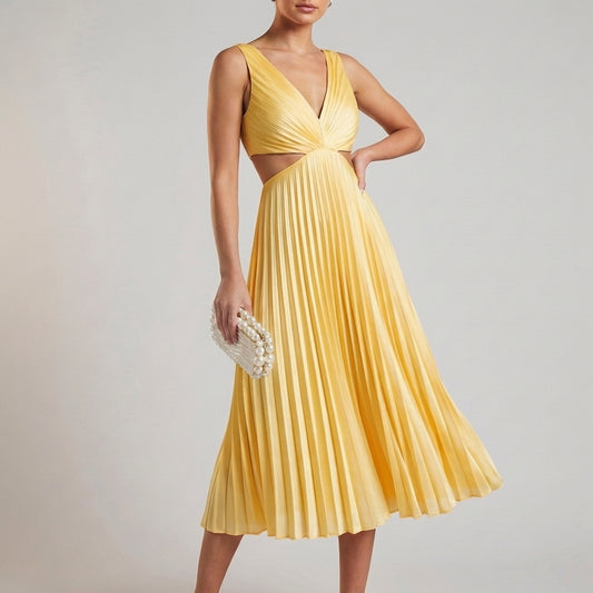Cutout Pleated Midi Dress for Women – Elegant Party Style