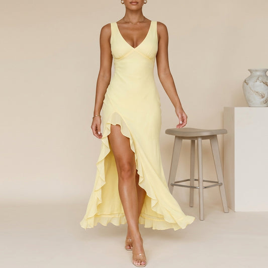 Elegant V-Neck High-Low Maxi Dress – Flowy & Gracefully Feminine