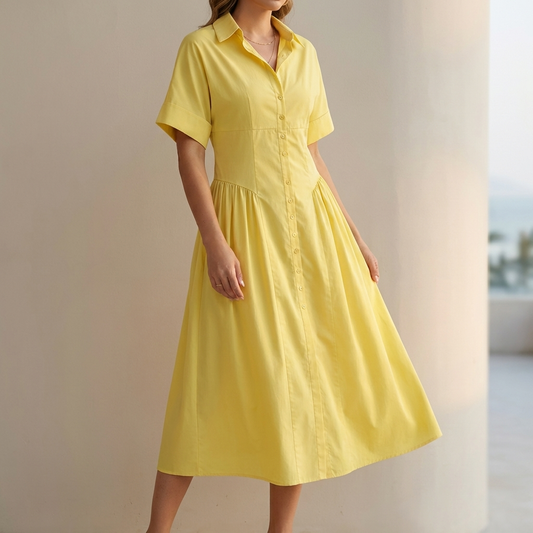 Pleated Midi Shirt Dress for Women – Effortless Style & Comfort