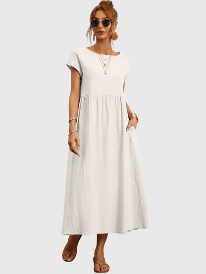 Boat Neck Short Sleeve Maxi Dress for Women – Relaxed Fit & Pockets