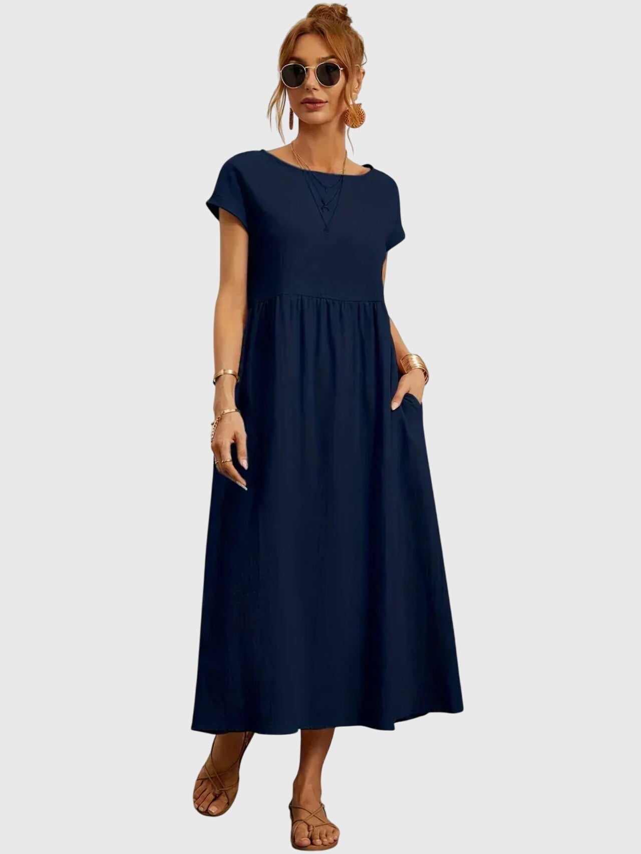 Boat Neck Short Sleeve Maxi Dress for Women – Relaxed Fit & Pockets