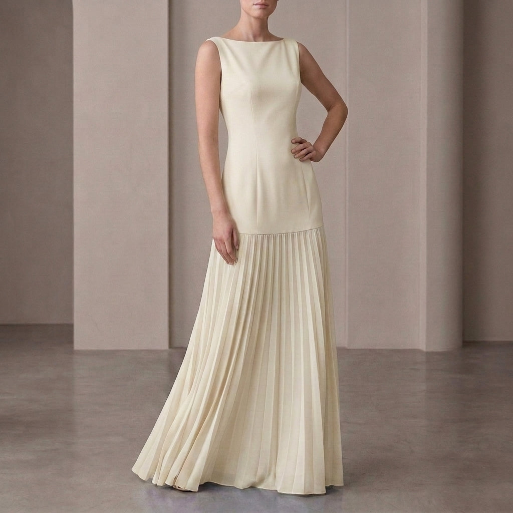 Pleated Boat Neck Maxi Dress for Women – Elegant Evening Style