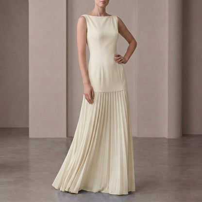Pleated Boat Neck Maxi Dress for Women – Elegant Evening Style