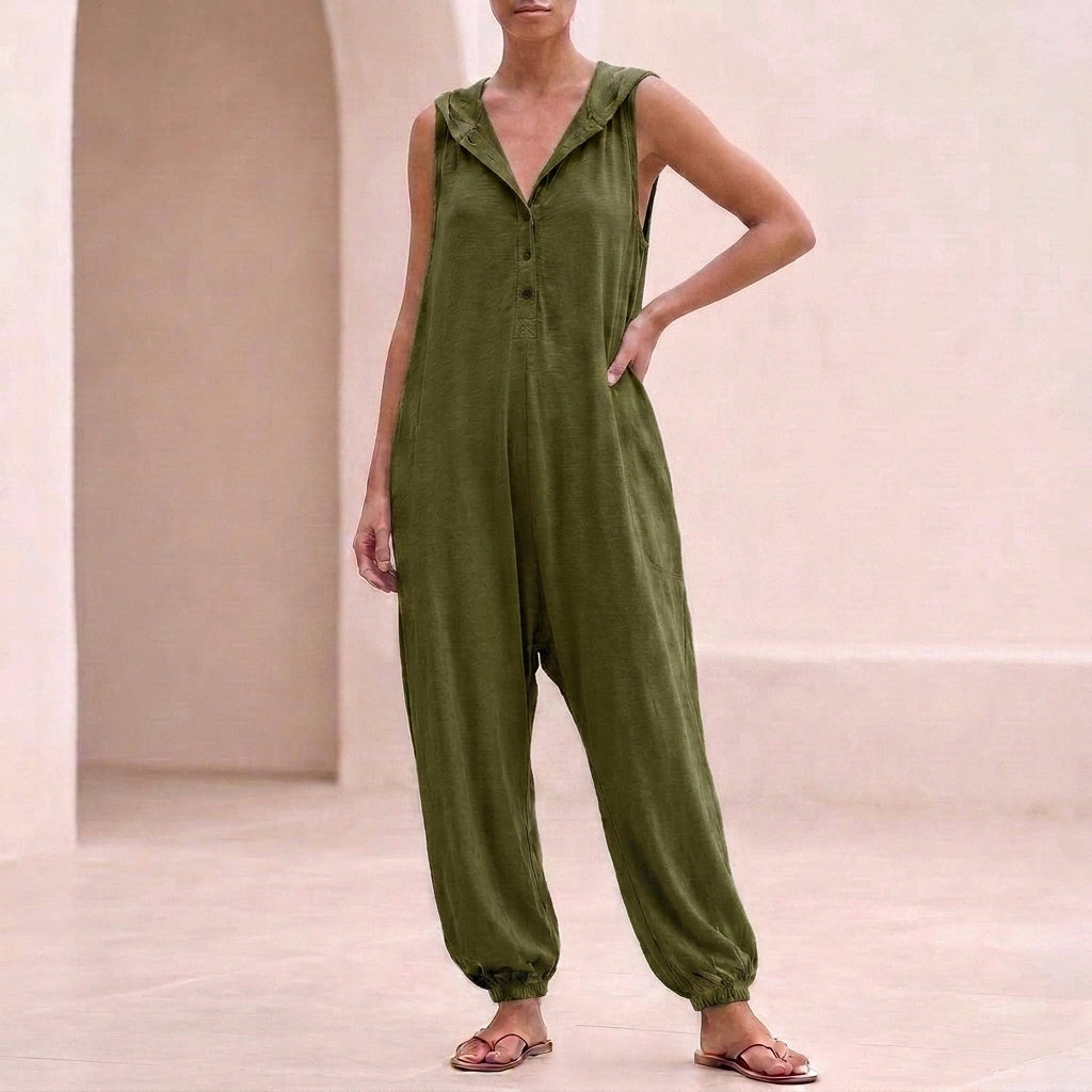 Hooded Button-Front Jumpsuit for Women – Relaxed & Breathable Comfort