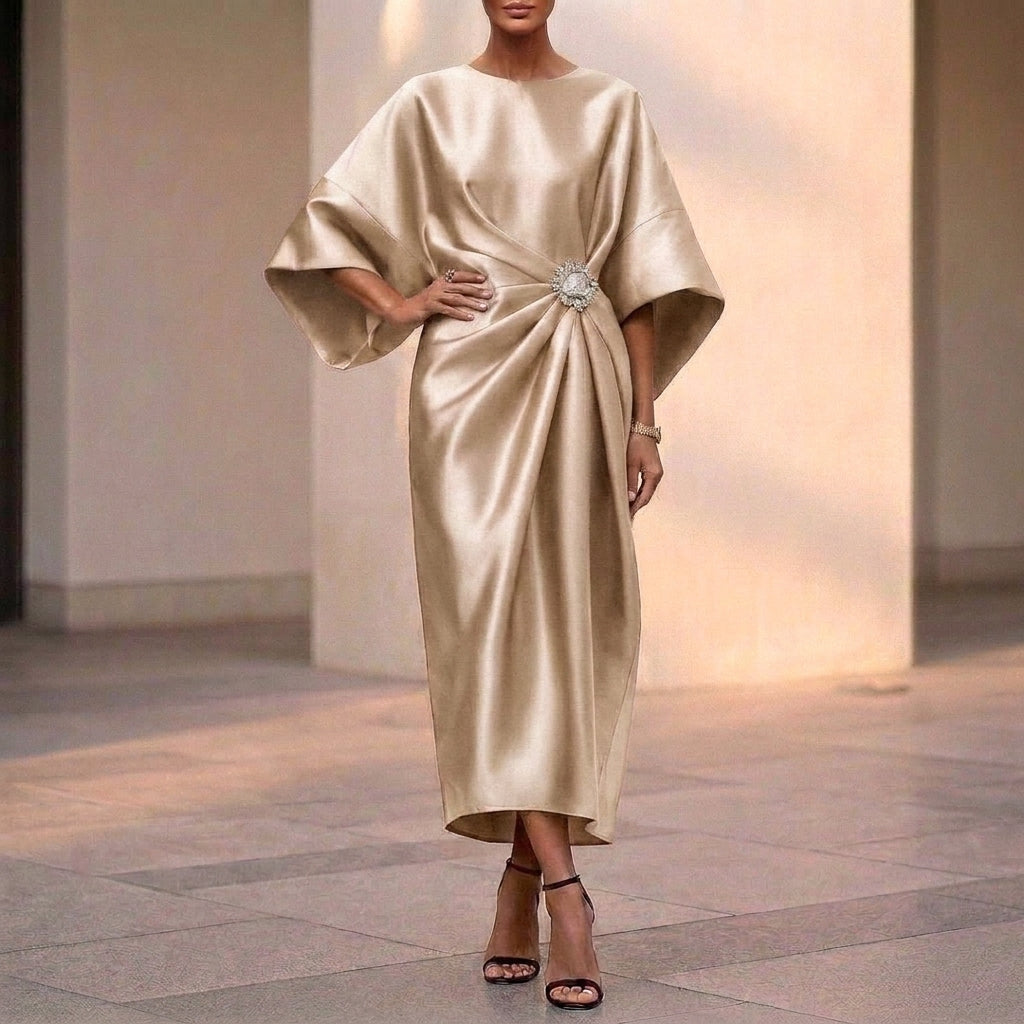 Draped Side-Slit Long Dress for Women – Elegant & Flattering