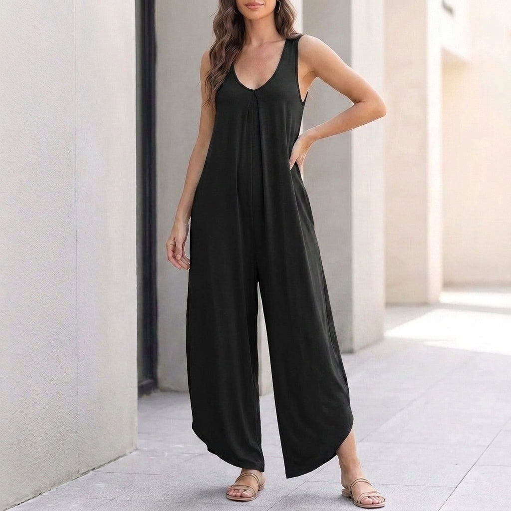 Wide-Leg Handkerchief Hem Jumpsuit for Women – Relaxed Fit & Pockets
