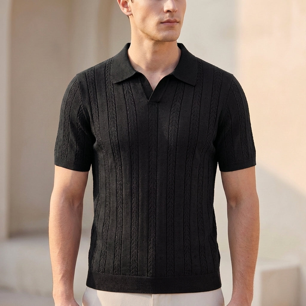 Openwork Knit V-Neck Polo Shirt for Men – Textured Smart-Casual Style