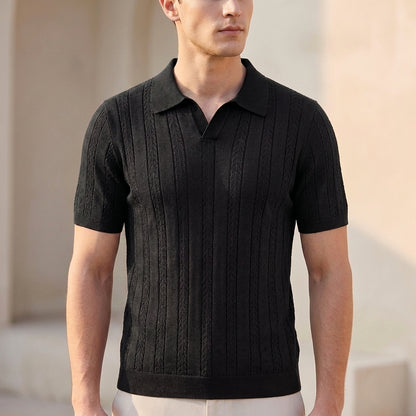 Openwork Knit V-Neck Polo Shirt for Men – Textured Smart-Casual Style